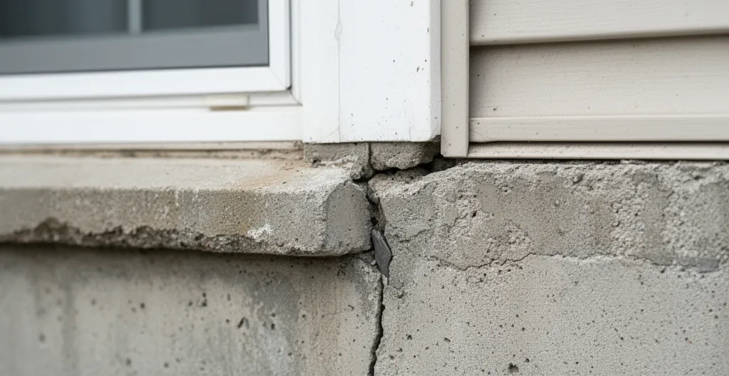 Détail d'une fissure dans un solage de maison québécoise, point d'entrée potentiel pour les souris