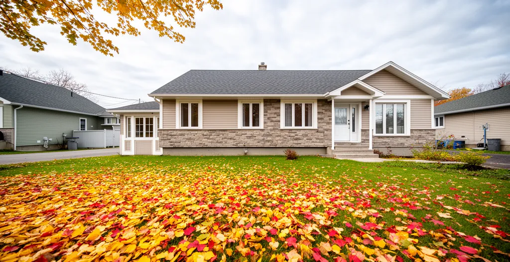 Maison unifamiliale québécoise à Mascouche en automne avec solage visible