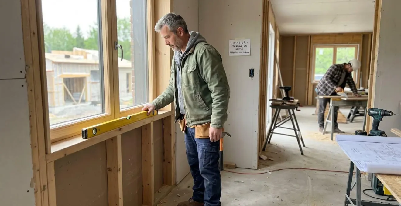 Un artisan menuisier de profil vérifie l'alignement d'une fenêtre avec un niveau à bulle sur un chantier de construction contemporain