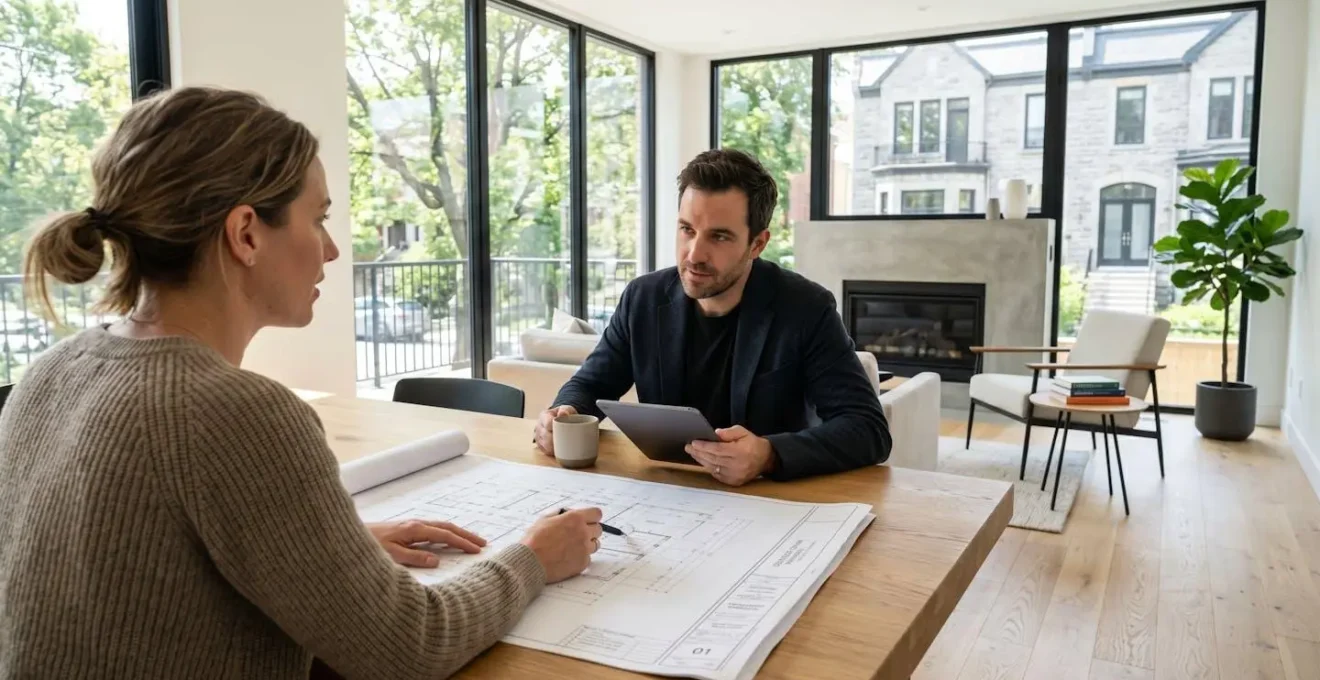 Un couple vu de dos consulte des plans architecturaux étalés sur une table avec un professionnel, dans un salon résidentiel contemporain baigné de lumière naturelle