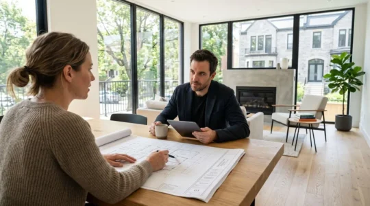 Un couple vu de dos consulte des plans architecturaux étalés sur une table avec un professionnel, dans un salon résidentiel contemporain baigné de lumière naturelle