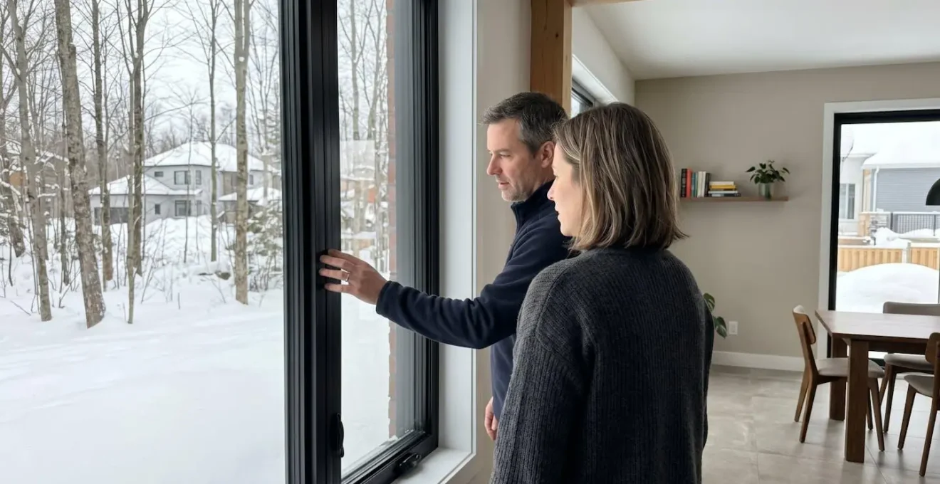 Un couple dans la quarantaine observe ensemble une fenêtre dans un salon résidentiel moderne au Québec en hiver