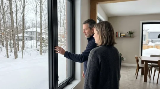 Un couple dans la quarantaine observe ensemble une fenêtre dans un salon résidentiel moderne au Québec en hiver