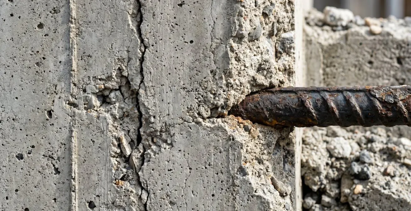 Gros plan sur une section de fondation en béton montrant la texture granuleuse et des micro-fissures, avec du ferraillage partiellement visible en arrière-plan flouté