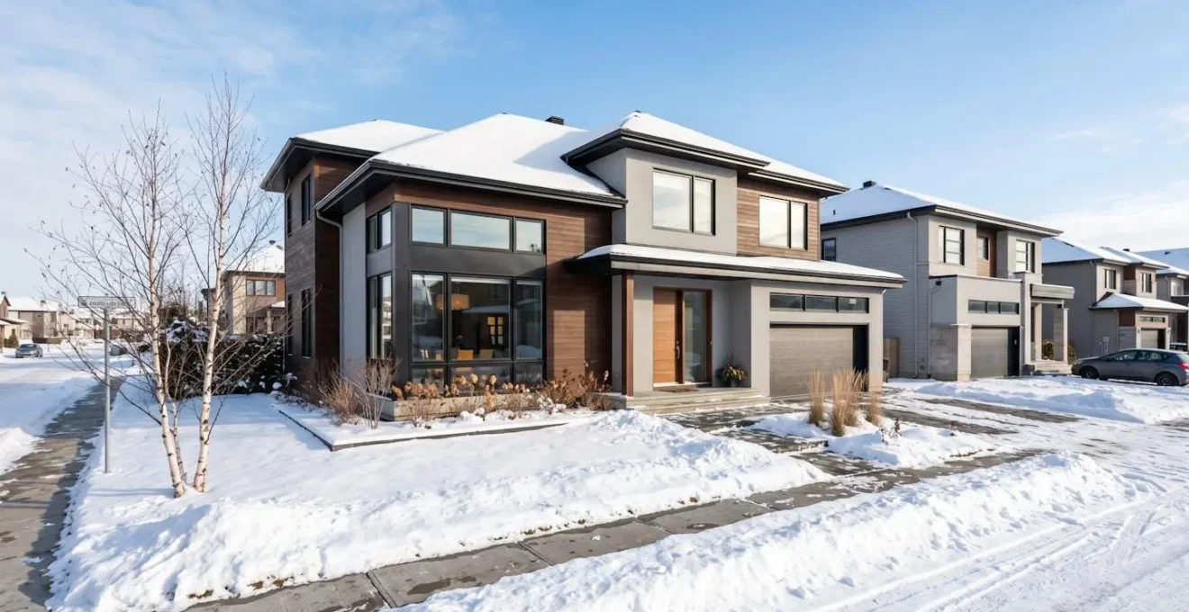 Façade extérieure d'une maison unifamiliale moderne au Québec en hiver avec fenêtres contemporaines et neige légère