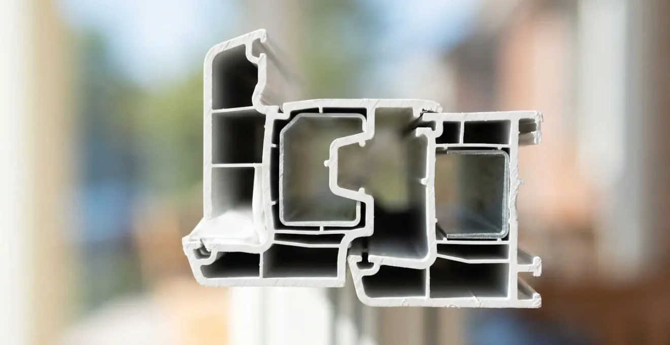 Gros plan macro d'une coupe transversale d'un cadre de fenêtre en PVC montrant les chambres multiples et la texture du matériau