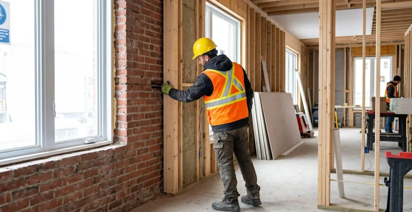 Un ouvrier portant un casque de sécurité jaune, vu de dos, inspecte attentivement la jonction entre un mur de briques ancien et une structure neuve sur un chantier résidentiel baigné de lumière naturelle