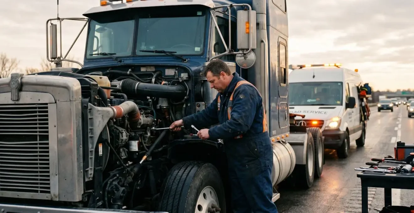 Un mécanicien professionnel intervenant sur un camion semi-remorque en bordure de route avec son atelier mobile.