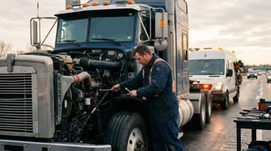 Un mécanicien professionnel intervenant sur un camion semi-remorque en bordure de route avec son atelier mobile.