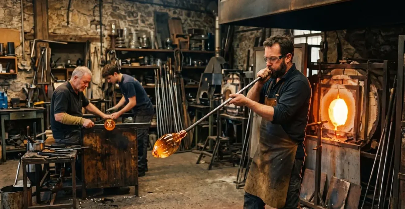Artisans verriers en action dans un atelier, soufflant à la bouche une paraison de verre en fusion orange