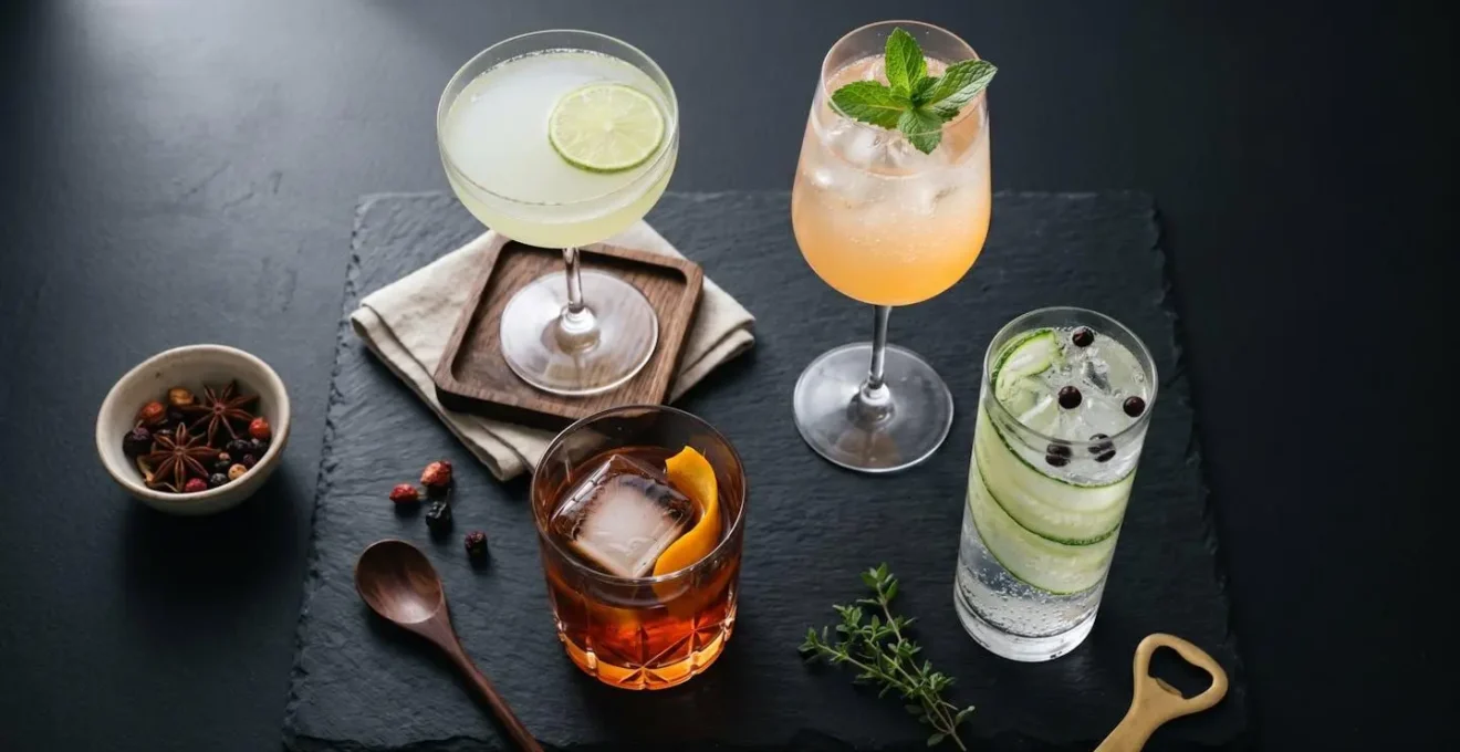 Assortiment de verres à cocktails (coupe, tulipe, rocks) disposés artistiquement sur une surface noire mate