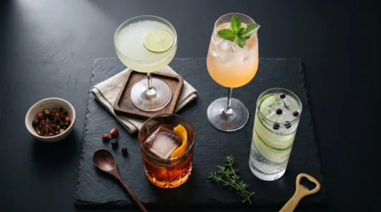 Assortiment de verres à cocktails (coupe, tulipe, rocks) disposés artistiquement sur une surface noire mate