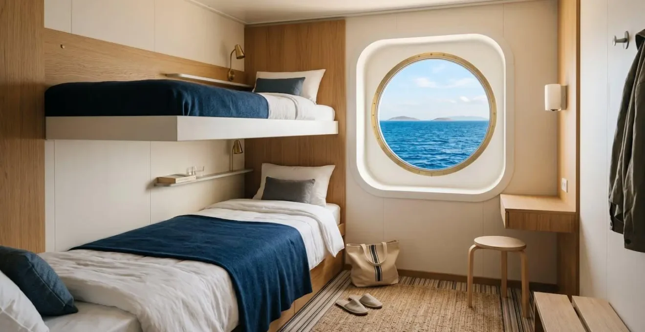 Cabine moderne d'un ferry avec hublot donnant sur la mer Méditerranée
