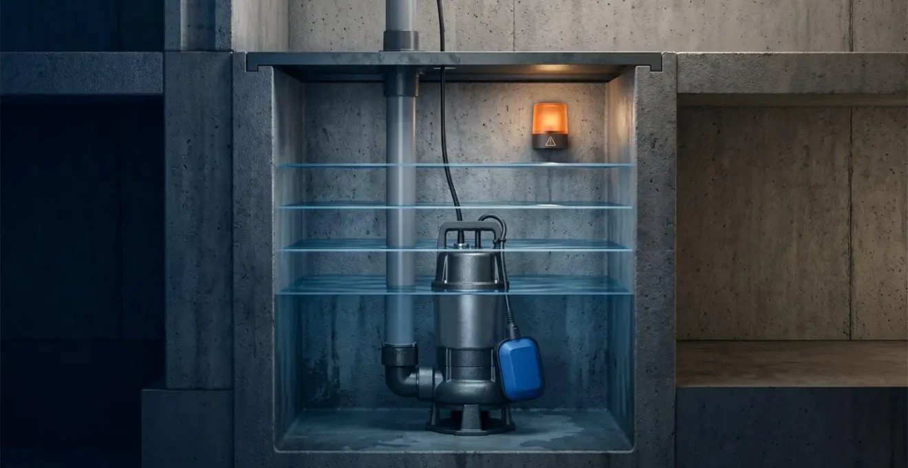 Coupe transversale d'un sous-sol montrant une pompe à puisard dans sa cuve avec niveaux d'eau en hausse.