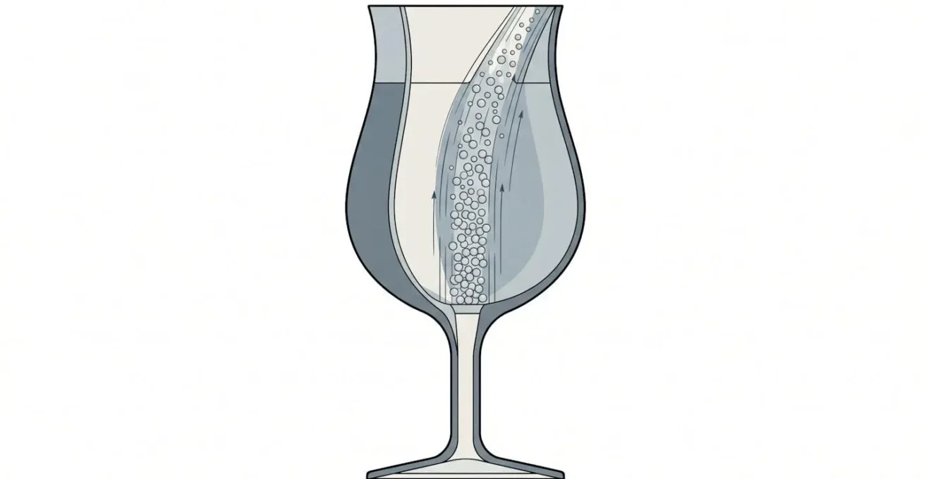 Vue en coupe d'un verre tulipe montrant l'écoulement ascendant des bulles vers le col resserré