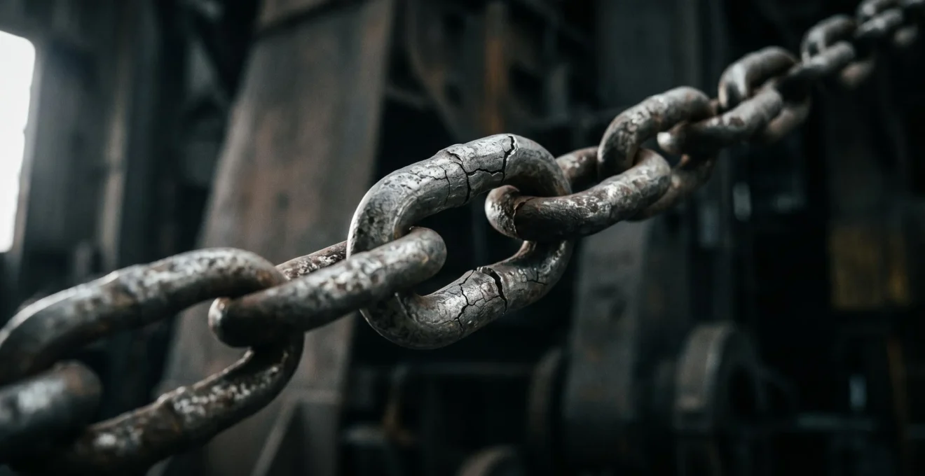 Gros plan photographique macro d'une chaîne industrielle en métal avec un maillon central montrant des fissures de stress, éclairé dramatiquement par une lumière rasante latérale