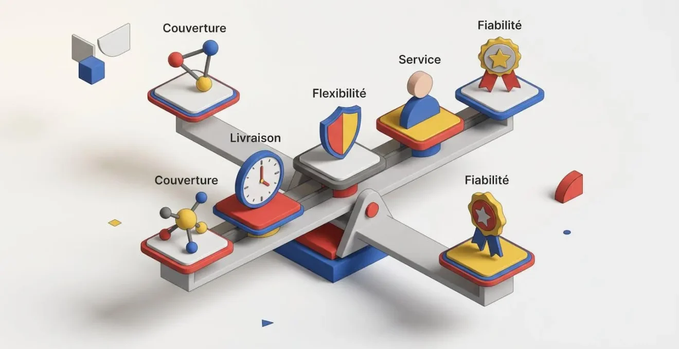 Illustration 3D isométrique d'une balance à cinq plateaux en équilibre, chaque plateau portant un symbole géométrique coloré représentant un critère de sélection fournisseur avec étiquettes en français