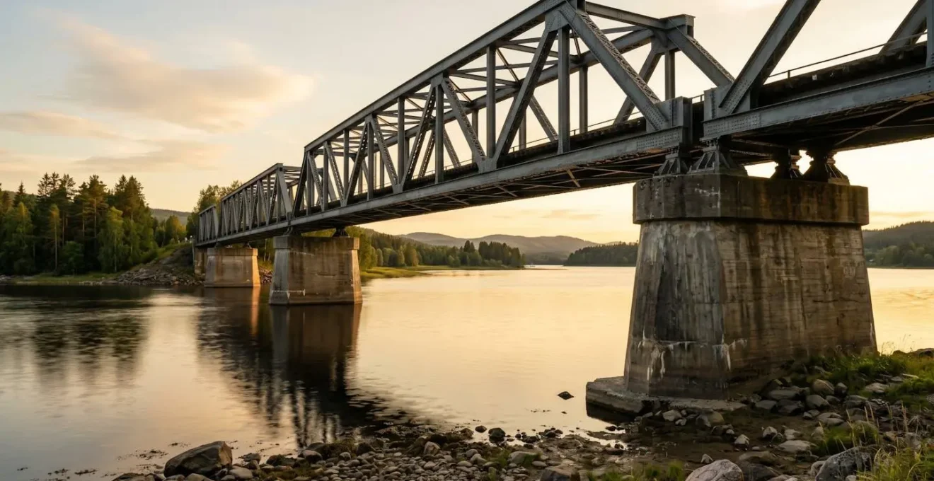Pont industriel en acier ancré sur des piliers de béton au-dessus d'une étendue d'eau calme, photographié à l'heure dorée avec une lumière chaude rasante