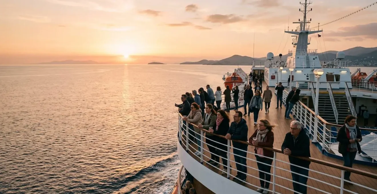 Voyageurs sur le pont supérieur d'un ferry en Méditerranée au coucher du soleil