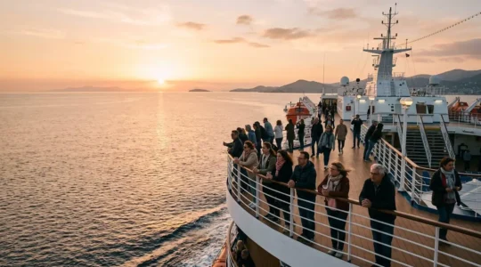 Voyageurs sur le pont supérieur d'un ferry en Méditerranée au coucher du soleil
