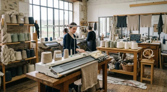 Atelier de tricotage français avec métiers à tisser en fonctionnement et échantillons de laine naturelle exposés sur des surfaces en bois