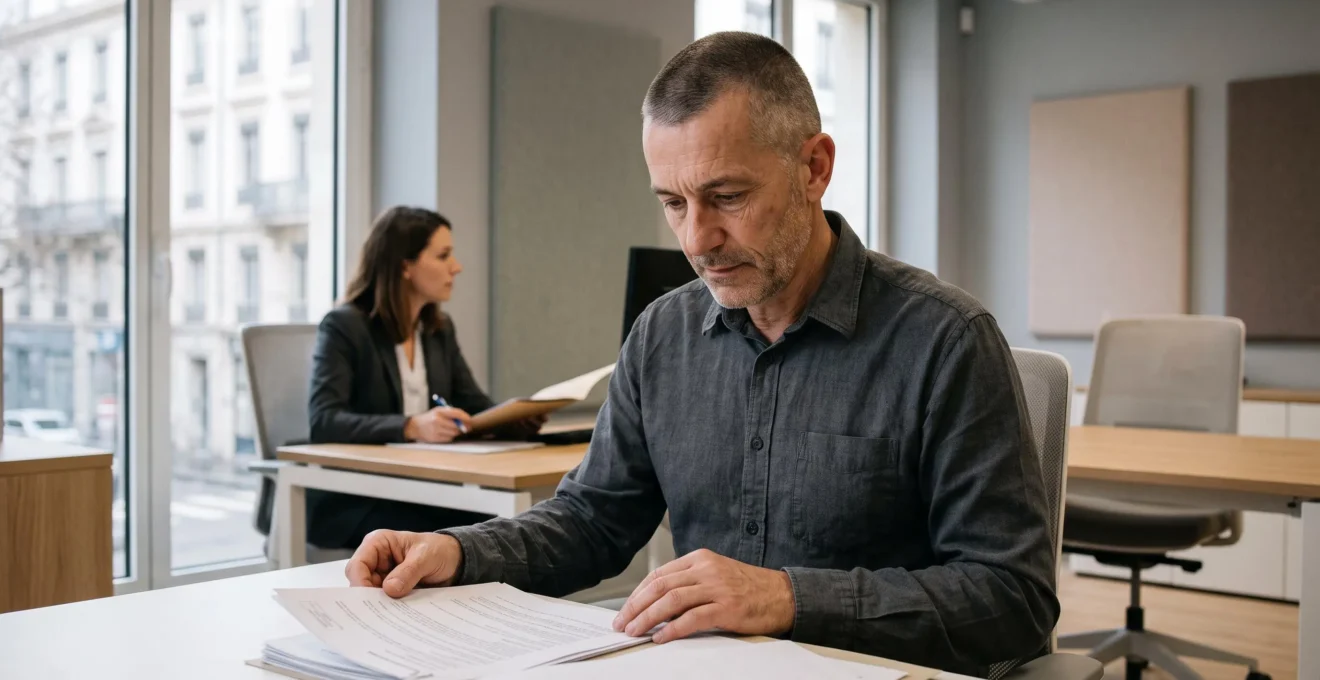 Ancien combattant français consultant des documents de retraite avec un conseiller dans un bureau institutionnel