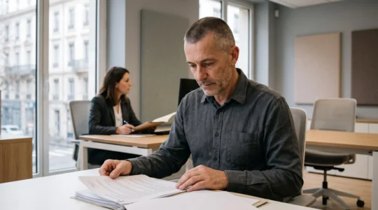 Ancien combattant français consultant des documents de retraite avec un conseiller dans un bureau institutionnel