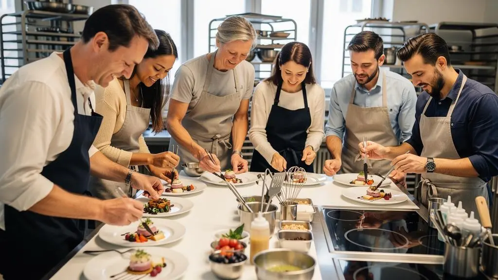 Groupe diversifié de collaborateurs travaillant ensemble lors d'un atelier culinaire créatif, préparant des créations artistiques