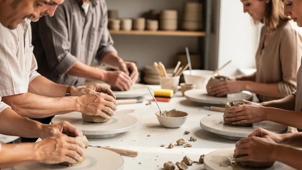 Collaborateurs travaillant l'argile ensemble lors d'un atelier de poterie collaborative, mains modelant la matière