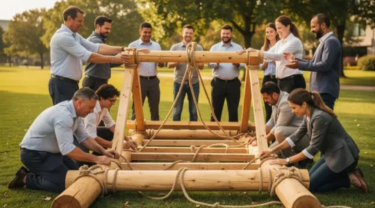 Groupe de collaborateurs construisant ensemble une structure en bois lors d'une activité de team building en extérieur