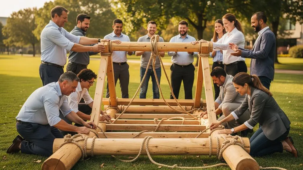 Groupe de collaborateurs construisant ensemble une structure en bois lors d'une activité de team building en extérieur