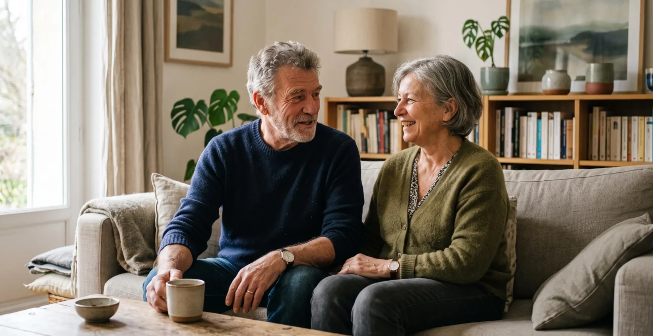 Couple de retraités anciens combattants en conversation paisible dans leur salon