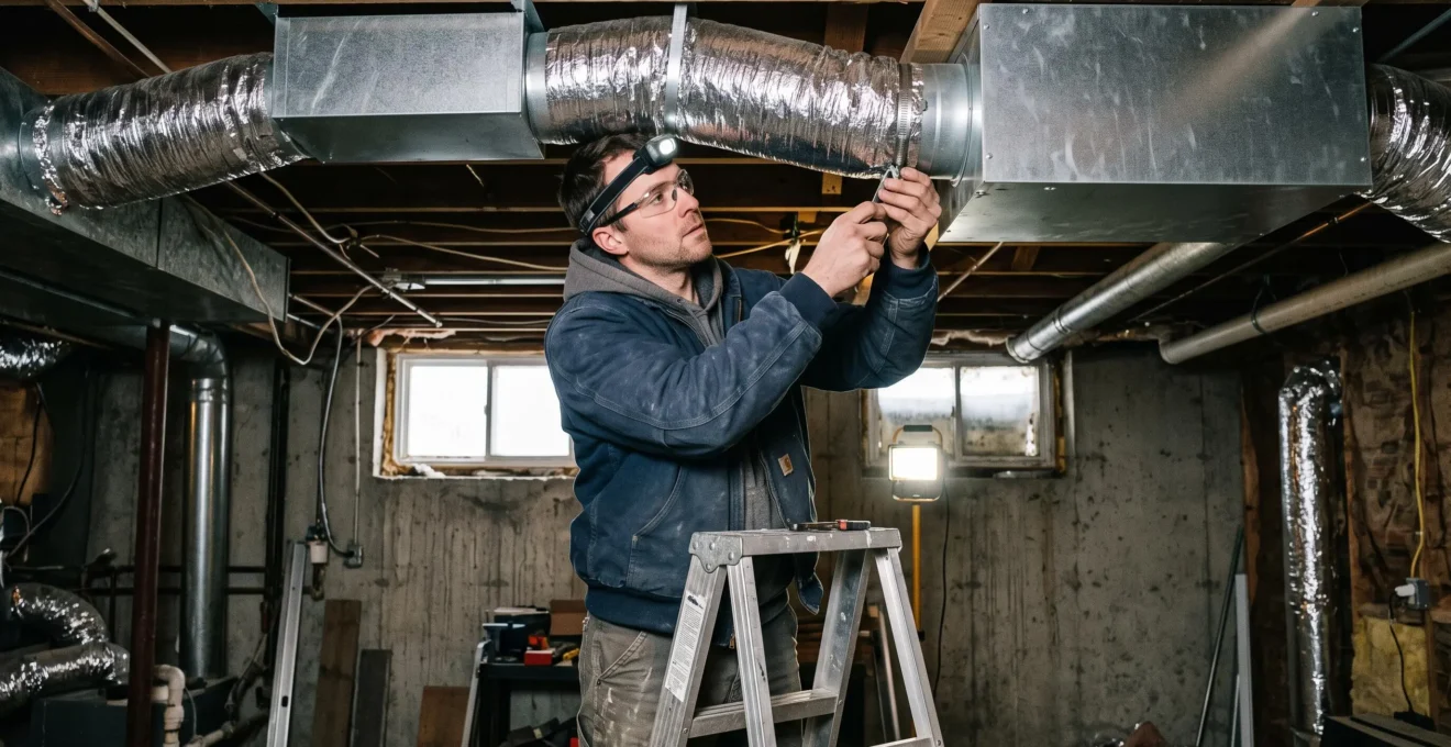 Installateur travaillant sur un échangeur d'air et des conduits de ventilation au plafond d'un sous-sol
