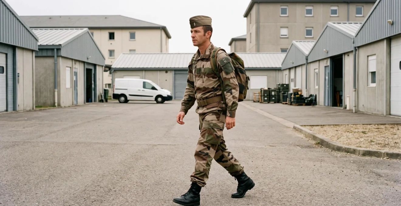 Militaire français en uniforme marchant dans une installation militaire française