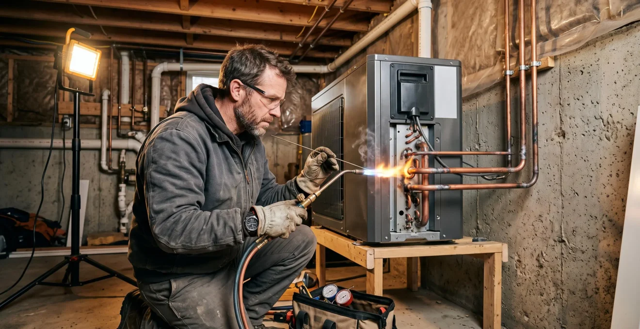 Technicien CVC installant un système de thermopompe dans un sous-sol résidentiel québécois