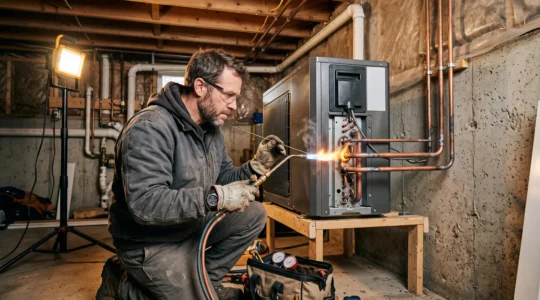 Technicien CVC installant un système de thermopompe dans un sous-sol résidentiel québécois