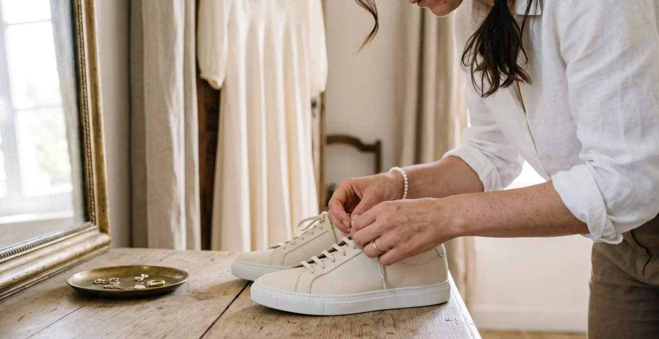Une femme ajuste les lacets de baskets blanches en cuir posées sur une coiffeuse en bois à côté d'une robe de cérémonie.