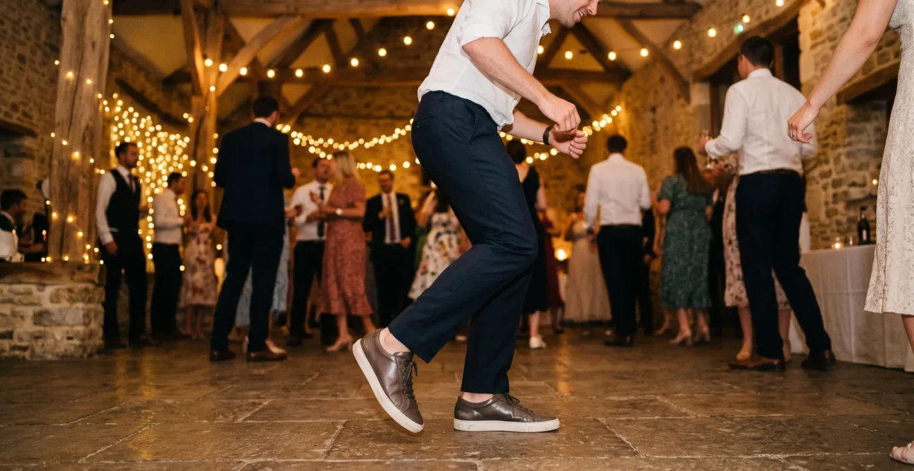 Un homme en pantalon de costume et baskets en cuir sombres danse sur le sol en pierre d'une grange aménagée pour un mariage.