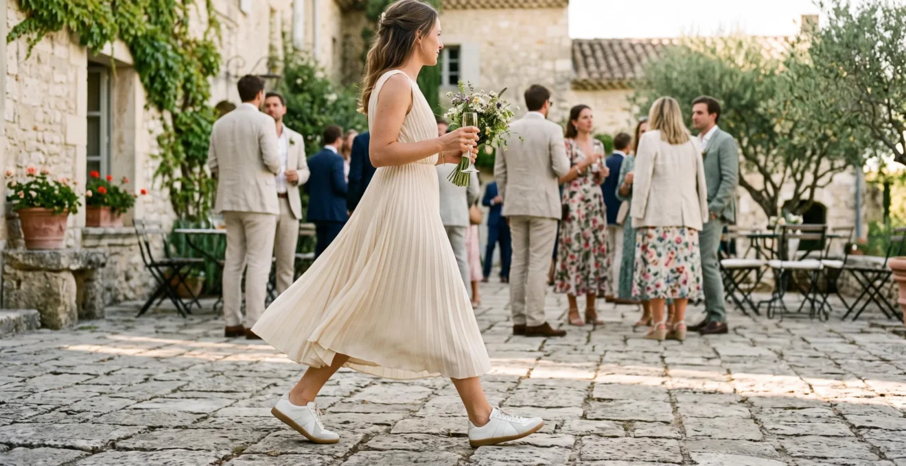 Une invitée en robe de cérémonie et baskets blanches minimalistes marche dans la cour en pierre d'un domaine de mariage français.