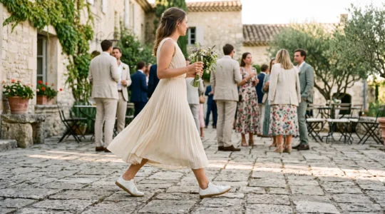 Une invitée en robe de cérémonie et baskets blanches minimalistes marche dans la cour en pierre d'un domaine de mariage français.