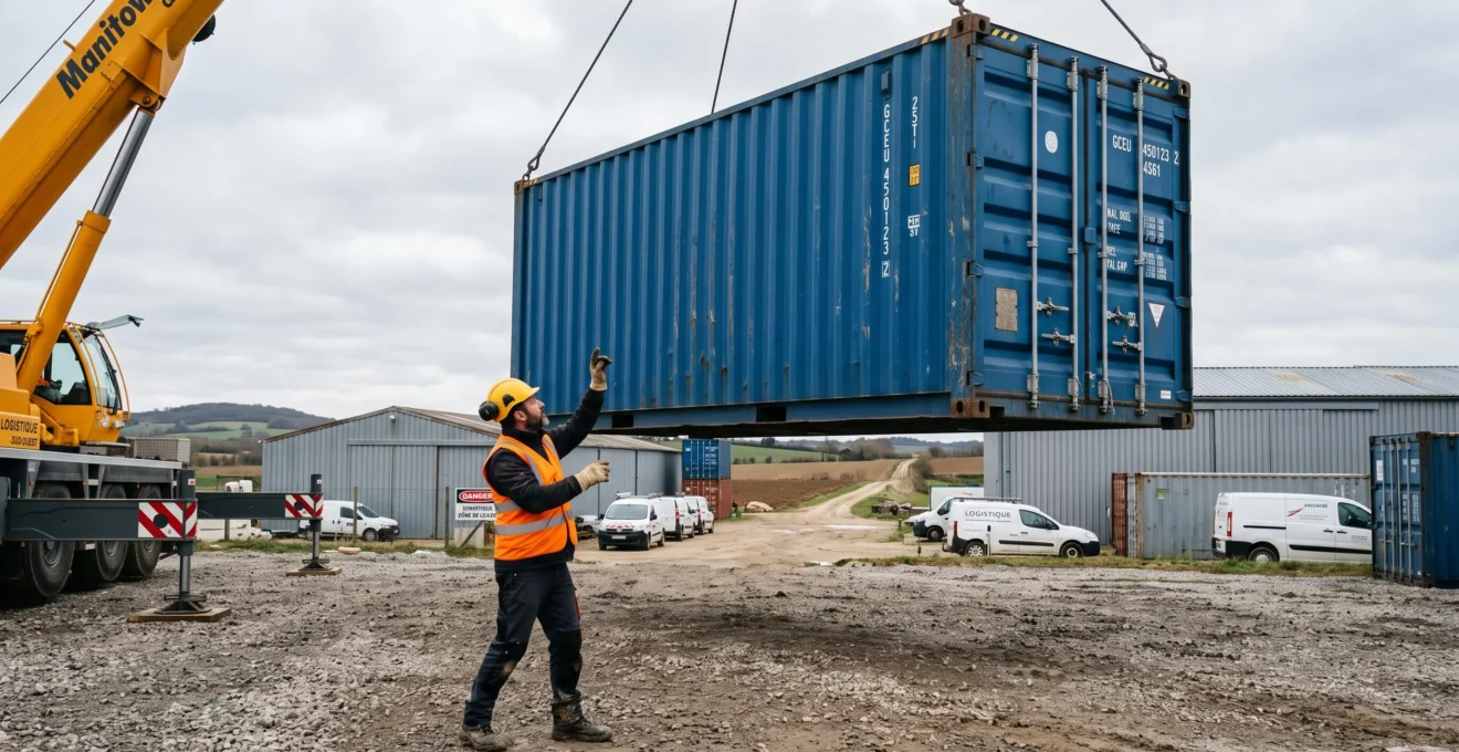 Un conteneur maritime de 20 pieds bleu est déchargé par une grue sur un terrain de stockage en gravier, guidé par un ouvrier en gilet haute visibilité.
