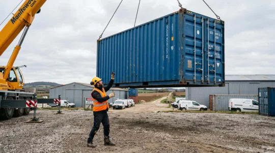 Un conteneur maritime de 20 pieds bleu est déchargé par une grue sur un terrain de stockage en gravier, guidé par un ouvrier en gilet haute visibilité.