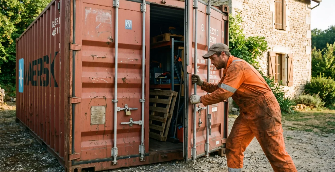 Un ouvrier ouvre les portes arrière d'un conteneur maritime installé sur une propriété privée, matériel de stockage visible à l'intérieur.