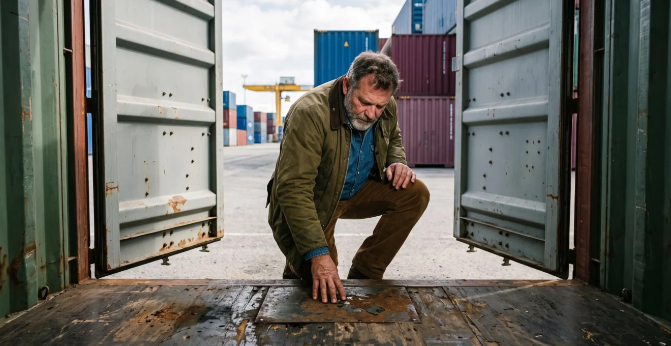 Un acheteur inspecte le plancher d'un conteneur maritime d'occasion portes ouvertes sur un dépôt de vente.