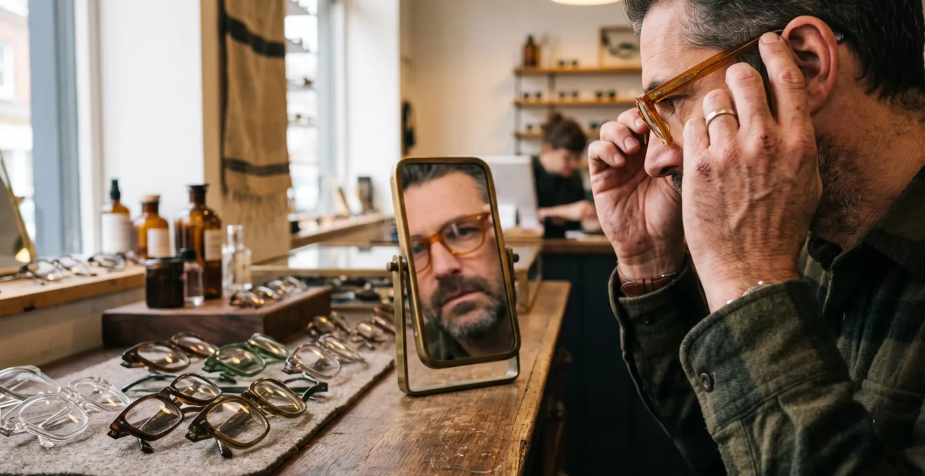 Des mains essayent une monture rétro devant un miroir chez un opticien.