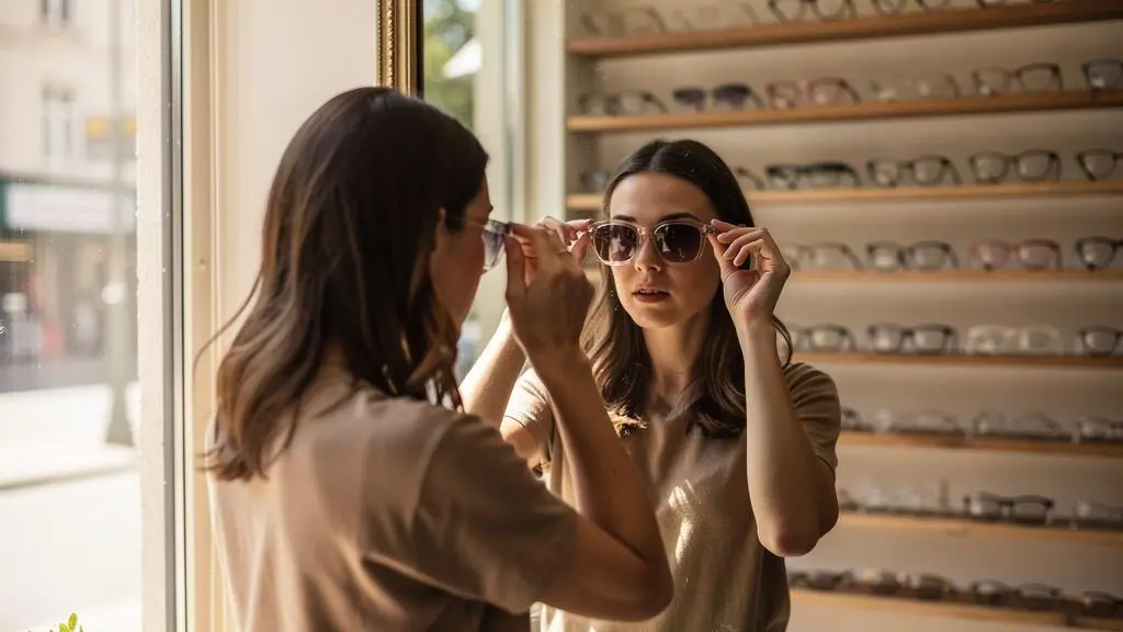 Une femme essaie une monture wayfarer transparente devant un miroir chez un opticien.
