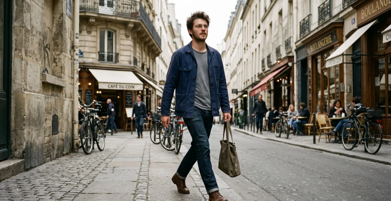 Un homme portant des lunettes rétro marche dans une rue aux façades anciennes.