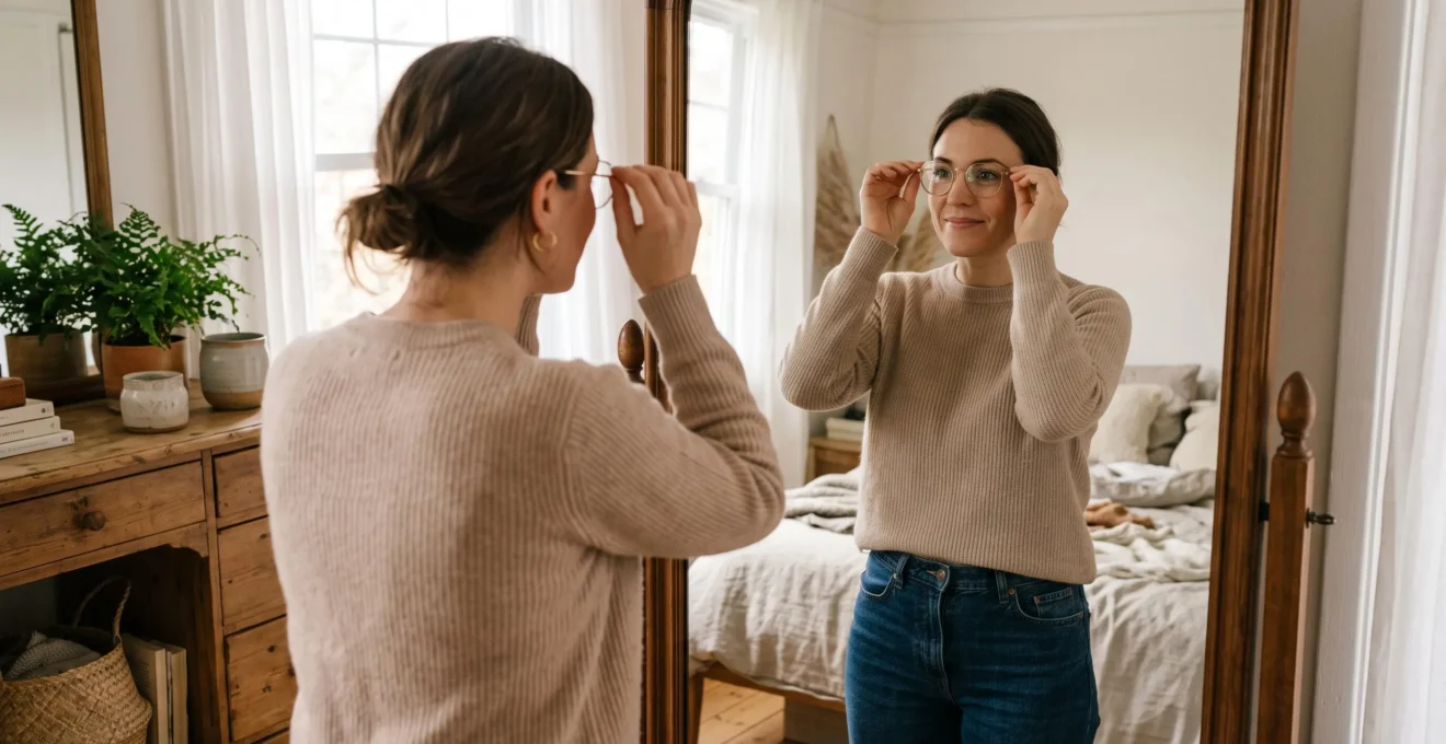 Une femme ajuste des lunettes de vue rondes devant son miroir dans sa chambre.