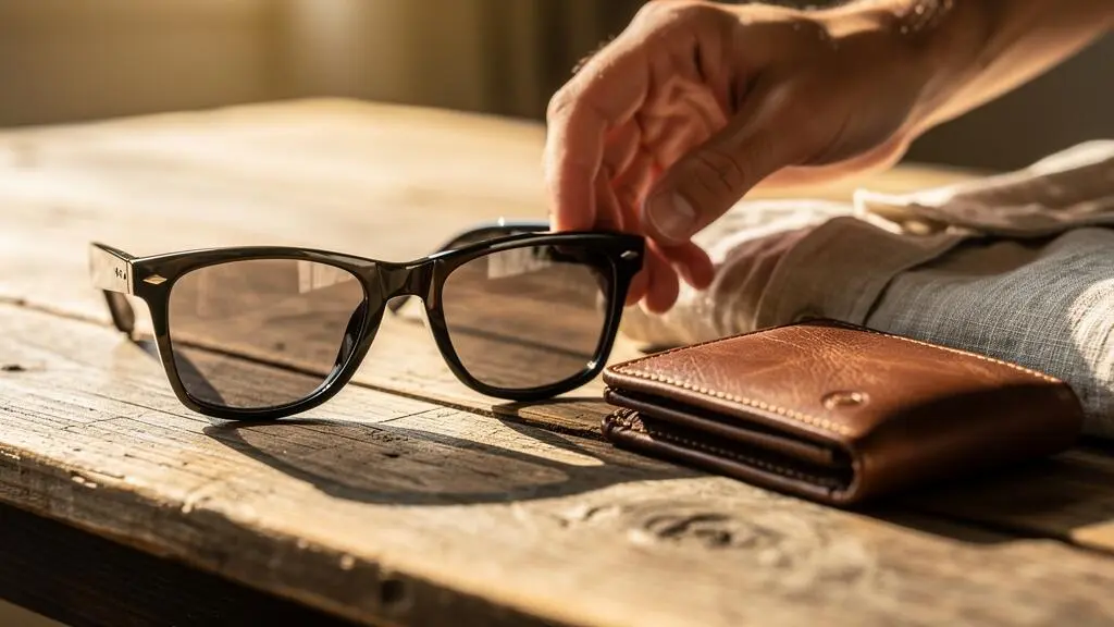 Des lunettes de soleil de type wayfarer posées sur une table en bois près d'une main.
