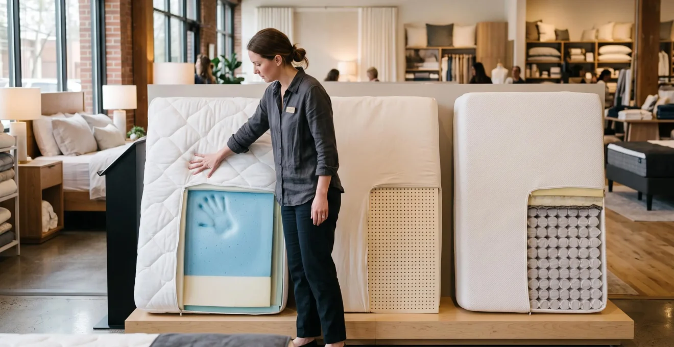 Trois matelas de technologies différentes exposés côte à côte dans un magasin de literie.